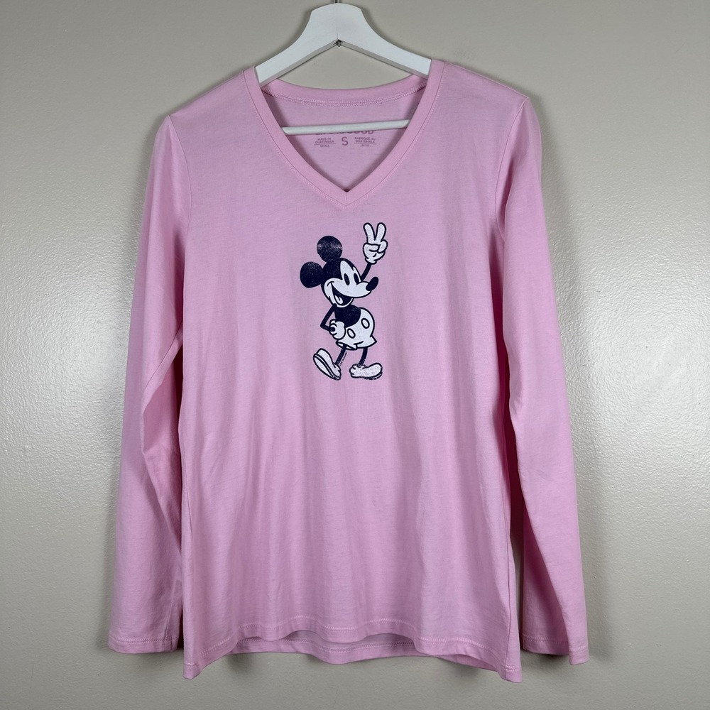 Life is Good Women's Small T-Shirt Pink Steamboat Willie Mickey Peace V-Neck NEW